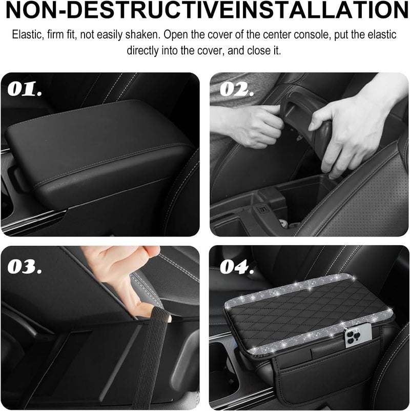 NBTEPEM Bling Car Center Console Cover, Leather Car Arm Rest Cover Cushion with 2 Storage Bags, Universal Auto Armrest Protector Storage Box, Bling Accessories Interior for Most Vehicles (Silver) - Image 5